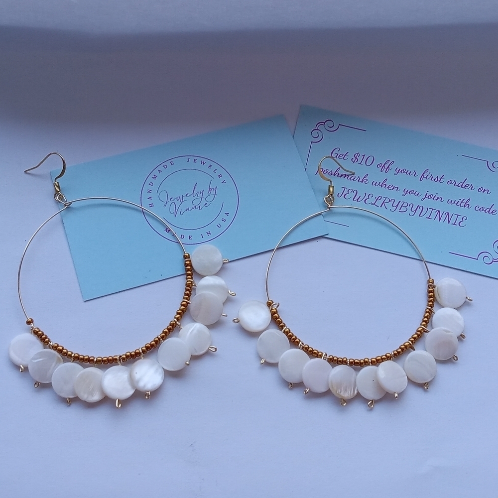 Hand Crafted White and Gold Hoop Earrings
